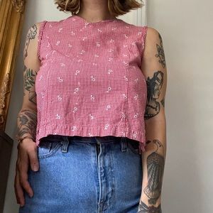 Vintage Red Gingham Floral Top Button Up Back